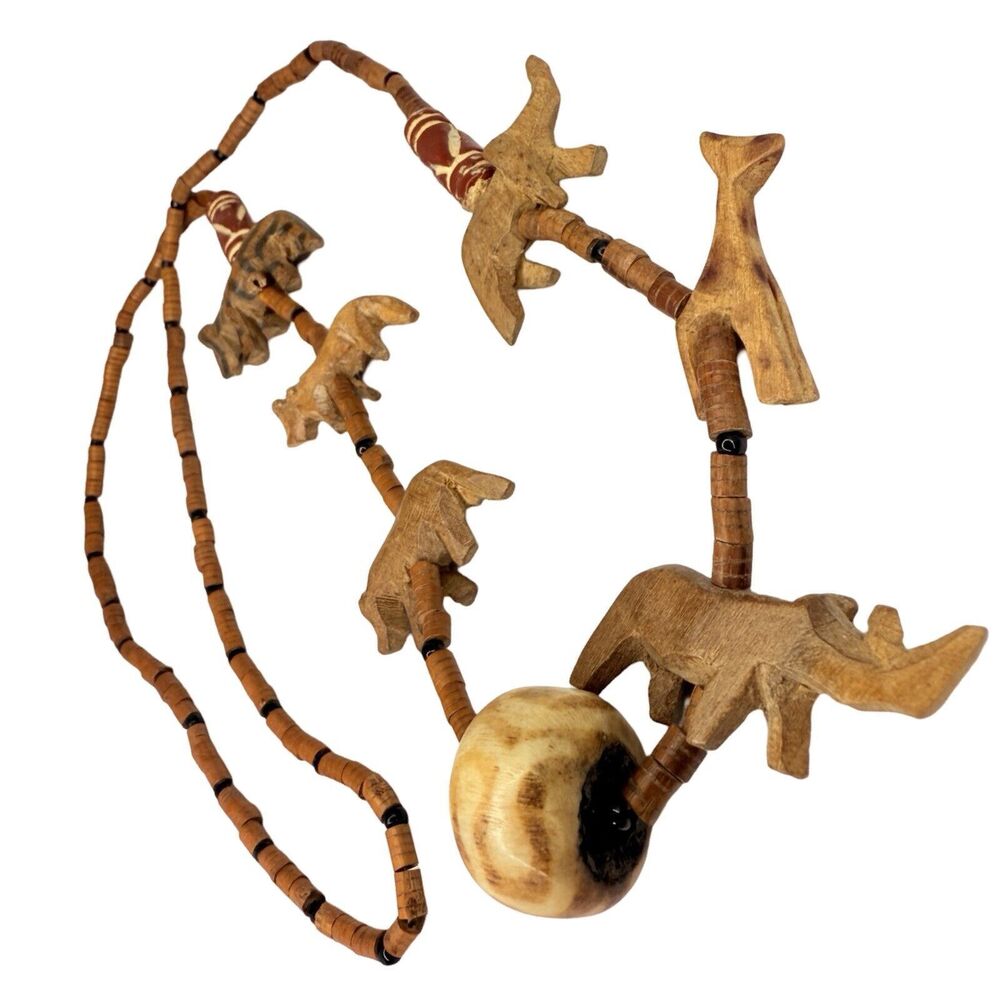 Vintage African Carved Animal Wood Beaded Necklace 29" Wild Safari Trade - Picture 7 of 12